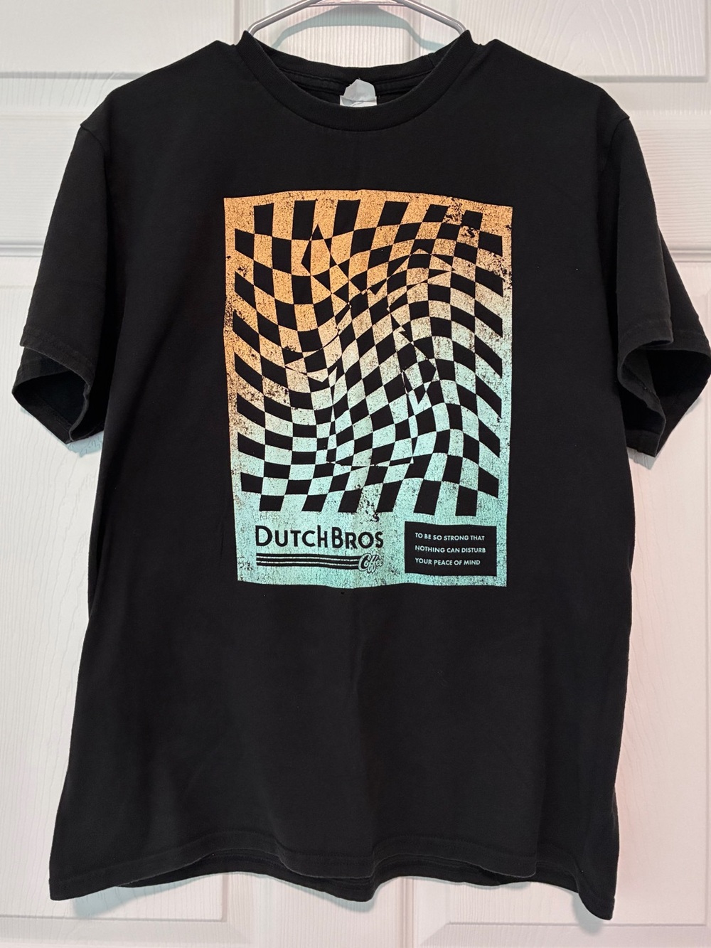 Dutch Bros Black T-Shirt with Orange and Teal Gradient Checkerboard
